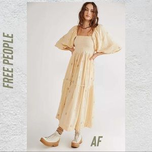 FREE PEOPLE DAHLIA EMBROIDERED MAXI DRESS LEMON CHIFFON NEW